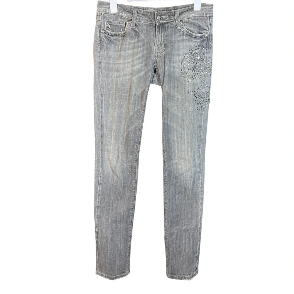 Miss Me‎ Skull Rhinestone Denim Jeans Grey Gray Halloween Rocker 27 Bling